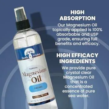 Health and Wisdom Topical Magnesium Oil Spray - USP Grade, Less Sting, Pure Transdermal Magnesium Chloride Oil, Extra Strength, Massage Oil for Feet Soak & Bath, High Absorption - 12 Fl Oz