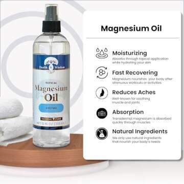 Health and Wisdom Topical Magnesium Oil Spray - USP Grade, Less Sting, Pure Transdermal Magnesium Chloride Oil, Extra Strength, Massage Oil for Feet Soak & Bath, High Absorption - 12 Fl Oz