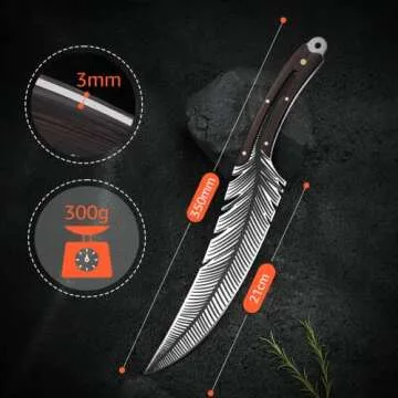 TIVOLI Feather Carving Knife,8 inch Boning Butcher Knife for Meat Cutting, Hand Forged High Carbon Steel Viking Fillet Knife for Brisket Outdoor Camping BBQ Father's Day Christmas Gift Men Women