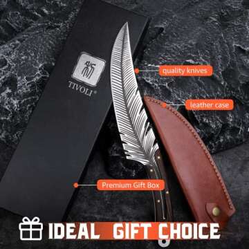 TIVOLI Feather Carving Knife,8 inch Boning Butcher Knife for Meat Cutting, Hand Forged High Carbon Steel Viking Fillet Knife for Brisket Outdoor Camping BBQ Father's Day Christmas Gift Men Women