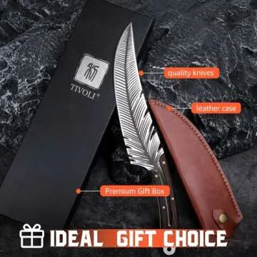 TIVOLI Feather Carving Knife,8 inch Boning Butcher Knife for Meat Cutting, Hand Forged High Carbon Steel Viking Fillet Knife for Brisket Outdoor Camping BBQ Father's Day Christmas Gift Men Women