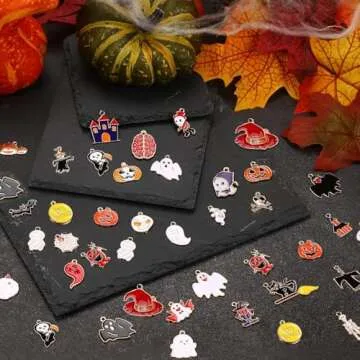 SANNIX 110Pcs 55 Pairs Halloween Charms Gold Enamel Jewelry Pendants for Halloween Earring Bracelet Necklace Craft Making
