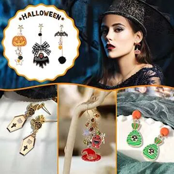 SANNIX 110Pcs 55 Pairs Halloween Charms Gold Enamel Jewelry Pendants for Halloween Earring Bracelet Necklace Craft Making