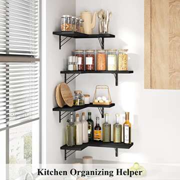Love-KANKEI Corner Shelf Wall Mounted,Floating Wall Shelves for Storage,Rustic Wood Hanging Shelves for Display,Bathroom Kitchen Bedroom Living Room,Set of 4,Black