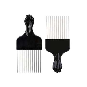 Afro Pick Comb Metal Stainless Steel Teeth Plastic Hair Detangling and Styling Comb for Braids, Wigs, Curly American and Africian Hairs