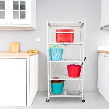 Origami 5 Shelf Foldable Storage Shelves No Assembly Needed with Wheels and Multiple Color Options for Home, Kitchen, and Office, White