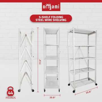 Origami 5 Shelf Foldable Storage Shelves No Assembly Needed with Wheels and Multiple Color Options for Home, Kitchen, and Office, White
