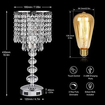 Acaxin Crystal Table Lamps for Bedroom Nightstand - Touch Bedside Lamps with Two USB Charging Ports ...