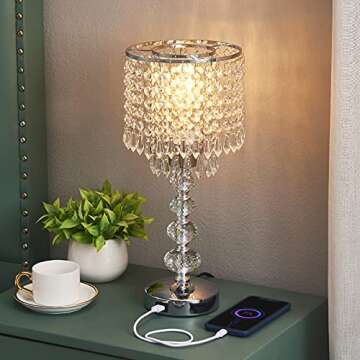 Acaxin Crystal Table Lamps for Bedroom Nightstand - Touch Bedside Lamps with Two USB Charging Ports Silver, 3 Way Dimmable Small Glam Lamp for Girls, Night Stand Lamp for Living Room