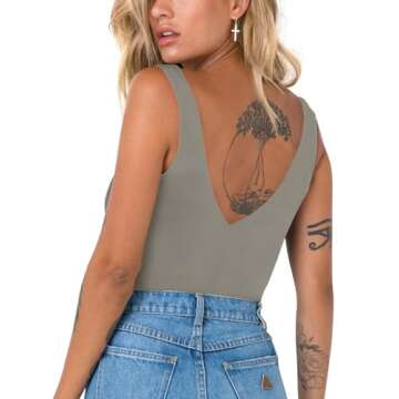 REORIA Butsmooth® Women’s Trendy Sexy Plunge Deep V Neck Sleeveless V Backless Going Out Tank Bodysuits Tops