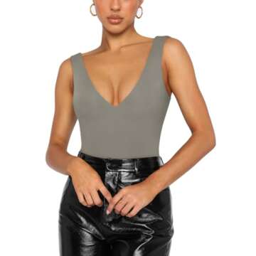 REORIA Butsmooth® Women’s Trendy Sexy Plunge Deep V Neck Sleeveless V Backless Going Out Tank Bodysuits Tops