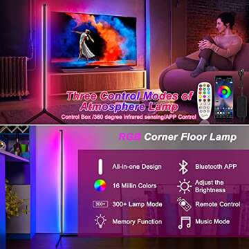 hizpo RGB Dimmable Floor lamp Corner Lights,25W 150 LED Beads Color Changing Standing Lamps with Bluetooth Smart App Romote Control,Music Sync/Timing Atmosphere Lamp for Living Room Bedroom