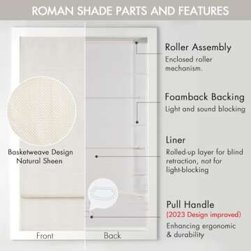 Madison Park Galen Cordless Roman Shades - Fabric Privacy Single Panel Total Blackout, Energy Efficient, Thermal Insulated Window Blind Treatment, for Bedroom, Living Room Decor, 27" x 64", Ivory