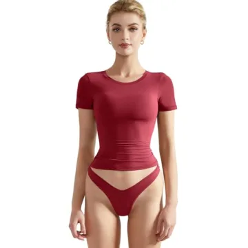 SUUKSESS Women Double Lined Fitted Basic Tee Shirts Crew Neck Short Sleeve Y2K Going Out Crop Tops (...