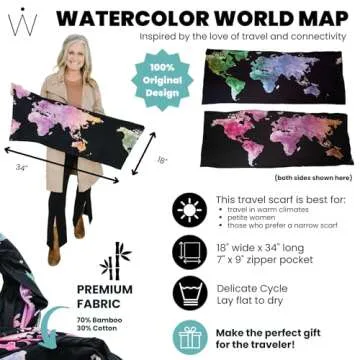 WAYPOINT GOODS Infinity Travel Scarf with Hidden Zipper Pocket - Dreamsoft Bamboo + Cotton - Airplane Travel Essentials: Pillow, Blanket, Money Belt, Passport Holder for Female Travelers - World Map