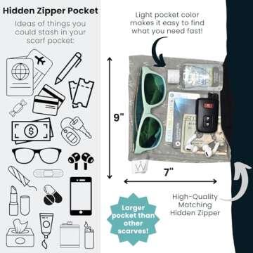 WAYPOINT GOODS Infinity Travel Scarf with Hidden Zipper Pocket - Dreamsoft Bamboo + Cotton - Airplane Travel Essentials: Pillow, Blanket, Money Belt, Passport Holder for Female Travelers - World Map