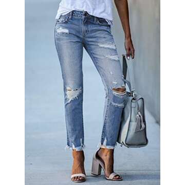 GOSOPIN Women Destroyed Raw Hem Ripped Hole Jeans Casual Boyfriend Straight Leg Distressed Skinny Ankle Washed Denim Pants Medium Blue