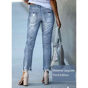 GOSOPIN Women Destroyed Raw Hem Ripped Hole Jeans Casual Boyfriend Straight Leg Distressed Skinny Ankle Washed Denim Pants Medium Blue