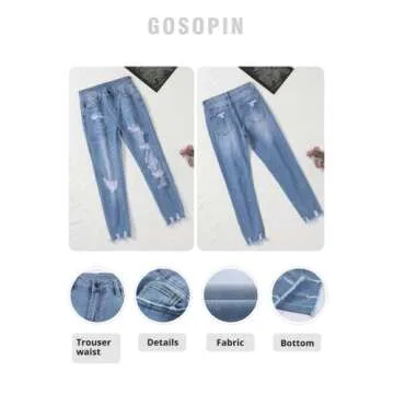 GOSOPIN Women Destroyed Raw Hem Ripped Hole Jeans Casual Boyfriend Straight Leg Distressed Skinny Ankle Washed Denim Pants Medium Blue