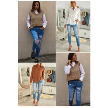 GOSOPIN Women Destroyed Raw Hem Ripped Hole Jeans Casual Boyfriend Straight Leg Distressed Skinny Ankle Washed Denim Pants Medium Blue