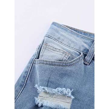 GOSOPIN Women Destroyed Raw Hem Ripped Hole Jeans Casual Boyfriend Straight Leg Distressed Skinny Ankle Washed Denim Pants Medium Blue