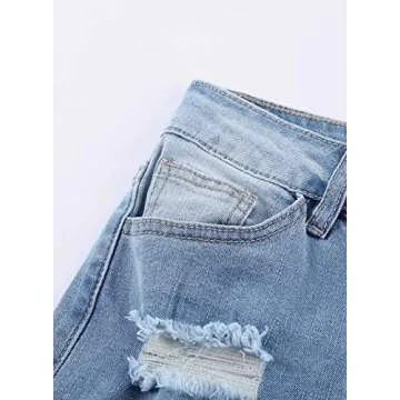 GOSOPIN Women Destroyed Raw Hem Ripped Hole Jeans Casual Boyfriend Straight Leg Distressed Skinny Ankle Washed Denim Pants Medium Blue