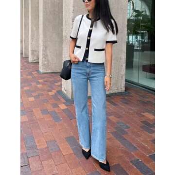 IMCTAH Womens Knit Cardigan Sweaters Fall Fashion Short Sleeve Button Down Cropped Coat Jacket with Pocket(White-XS)