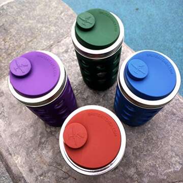 Wide-Mouth Mason Jar Silicone Lids and Corks (2 Lids & 2 Corks) | Leak-Proof, Reversible Lid + Silicone Cork Bottle Stopper | Wide Spout for Smoothies and Protein Shakes (Purple)