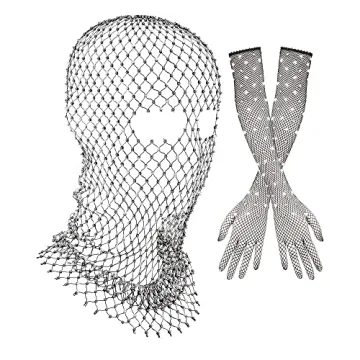 Zhanmai 2 Pack Halloween Crystal Mesh Body Chain with Fishnet Long Gloves Rhinestone Glitter Breatha...
