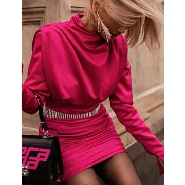 Sunlen Long Sleeve Short Hem Turtleneck Bodycon Women Dress for Cocktail Party Occasions SL1BH5916(Rose Red,S)