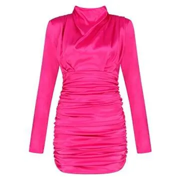 Sunlen Long Sleeve Short Hem Turtleneck Bodycon Women Dress for Cocktail Party Occasions SL1BH5916(Rose Red,S)