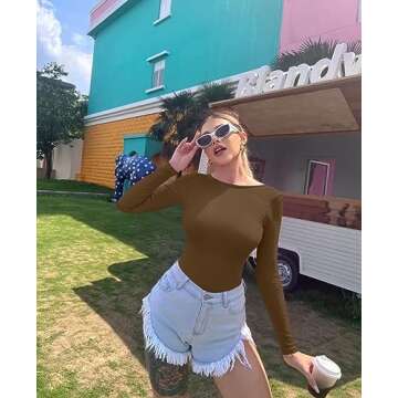 OQQ Women's 2 Piece Sexy Backless Round Neck Long Sleeve Ribbed Top BodySuit, Black,coffee, Small