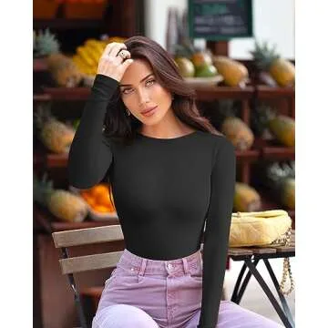 OQQ Women's 2 Piece Sexy Backless Round Neck Long Sleeve Ribbed Top BodySuit, Black,coffee, Small