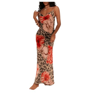 MakeMeChic Women's Leopard Print Floral Maxi Dress for Summer Style