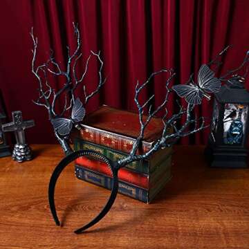 Lurrose Tree Branches Butterfly Headband Christmas Fairy Witch Tree Branches Antlers Headband Halloween Cosplay Prop Vintage Hair Accessories Gothic Headpiece Black
