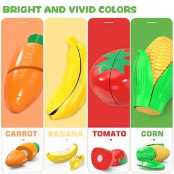 Cutting Play Food Toys For Kids, Pretend Play Kitchen Accessories, Fake Fruits/Vegetables Set With Shopping Storage Basket, Plastic Board And Knife, Birthday Gifts/Educational Toy For Toddler Children