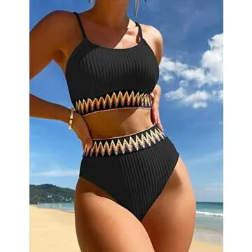 Zuvebamyo Stylish Women's High Waisted Ribbed Bikini Swimsuit