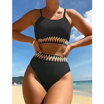 Zuvebamyo Stylish Women's High Waisted Ribbed Bikini Swimsuit