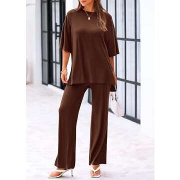 KIRUNDO Lounge Sets for Women 2025 Casual Summer Oversized Short Sleeve Shirts Tops and Wide Leg Pants Sets Maternity Lounge Set(Light Coffee, Small)
