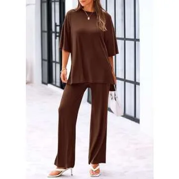 KIRUNDO Lounge Sets for Women 2025 Casual Summer Oversized Short Sleeve Shirts Tops and Wide Leg Pants Sets Maternity Lounge Set(Light Coffee, Small)