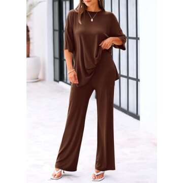 KIRUNDO Lounge Sets for Women 2025 Casual Summer Oversized Short Sleeve Shirts Tops and Wide Leg Pants Sets Maternity Lounge Set(Light Coffee, Small)