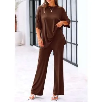 KIRUNDO Lounge Sets for Women 2025 Casual Summer Oversized Short Sleeve Shirts Tops and Wide Leg Pants Sets Maternity Lounge Set(Light Coffee, Small)