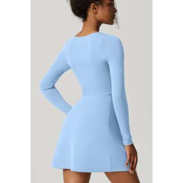 QINSEN Women's Long Sleeve Party Club Dress Sexy Mini Length Square Neck Outfit Blue L