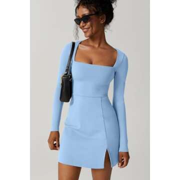 QINSEN Women's Long Sleeve Party Club Dress Sexy Mini Length Square Neck Outfit Blue L