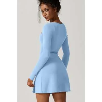 QINSEN Women's Long Sleeve Party Club Dress Sexy Mini Length Square Neck Outfit Blue L