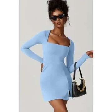 QINSEN Women's Long Sleeve Party Club Dress Sexy Mini Length Square Neck Outfit Blue L
