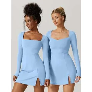 QINSEN Women's Long Sleeve Party Club Dress Sexy Mini Length Square Neck Outfit Blue L