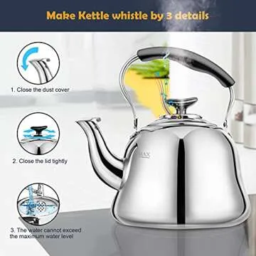 Tea Kettle Stovetop Whistling Teakettle ClassicTeapot Stainless Steel Tea Pots for Stove Top with Heat-resistant Folding Handle Mirror Finish, 2 liters