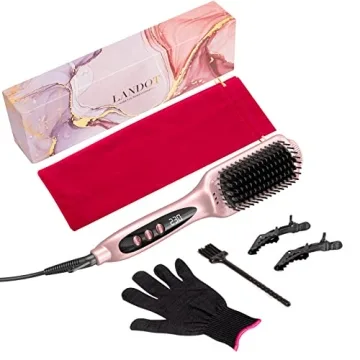 LANDOT Ceramic Hair Straightener Brush for Frizz-Free Shiny Hair