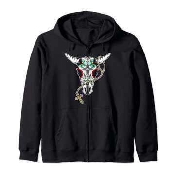 Bull Sugar Skull Day of the Dead Calavera Zip Hoodie